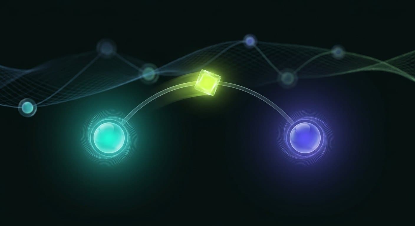Two personal-AI orbs passing a glowing task packet along an arc over a faint mesh