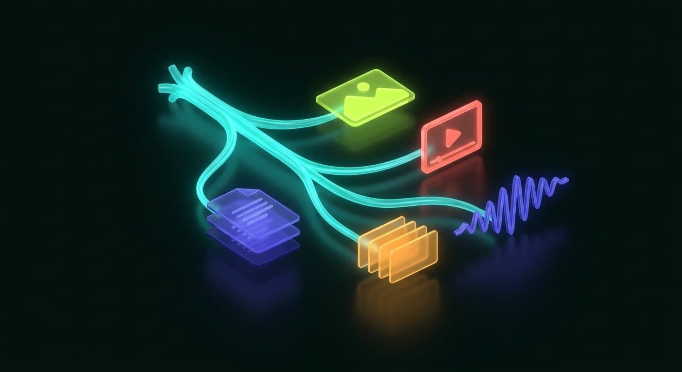 One creative stream branching into image, video, document, deck, and audio forms