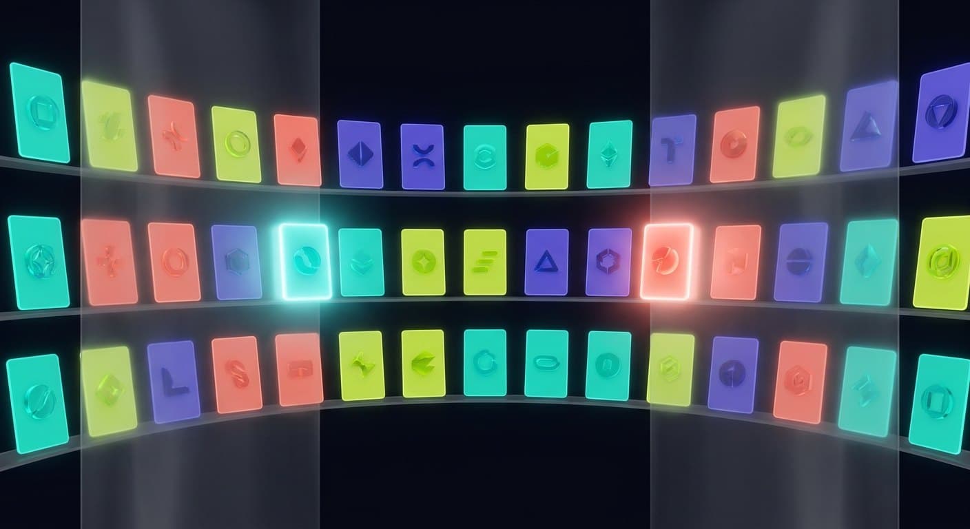 A softly lit gallery of glowing capability cards on gentle shelves