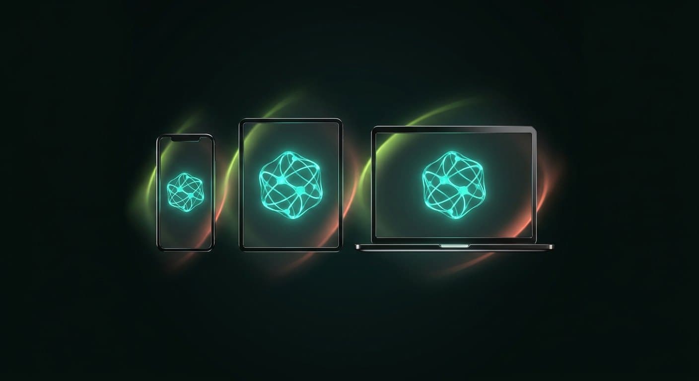 The identical glowing harness core mirrored across phone, tablet, and laptop