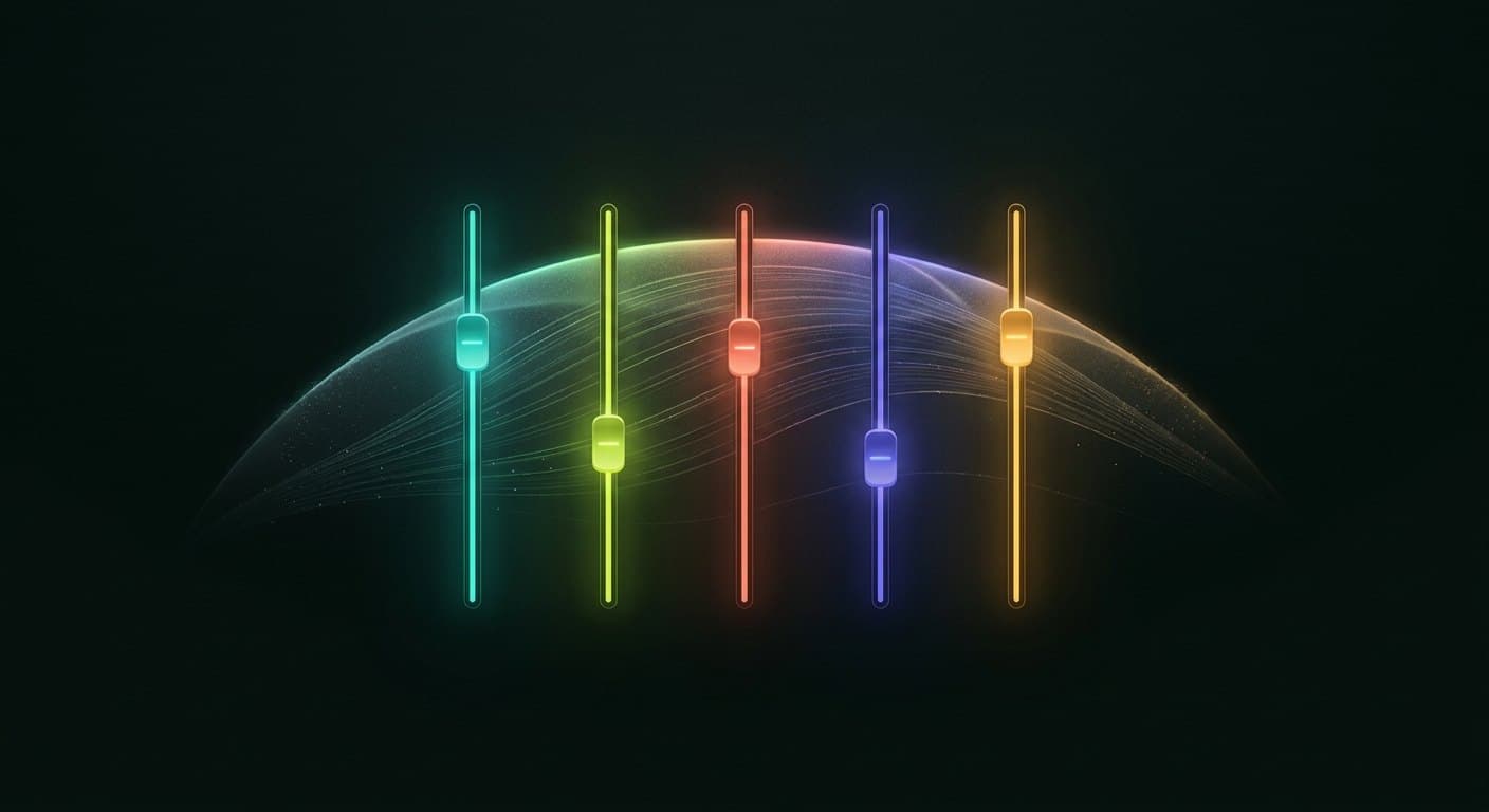 Five glowing control faders over a soft feasible-frontier curve